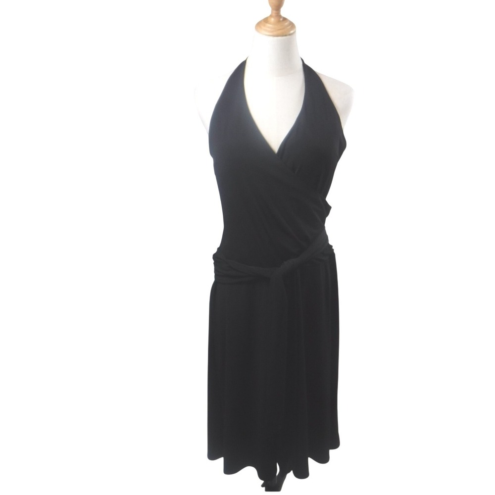 AGB‎ Womens Black Halter Neck Faux Wrap Tie Waist Midi Dress Size 12 Made in USA